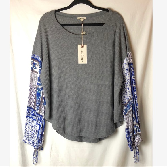 In Loom Waffle Knit Thermal Mix Print Contrast Long Sleeves Top Blouse Size L - Picture 5 of 11